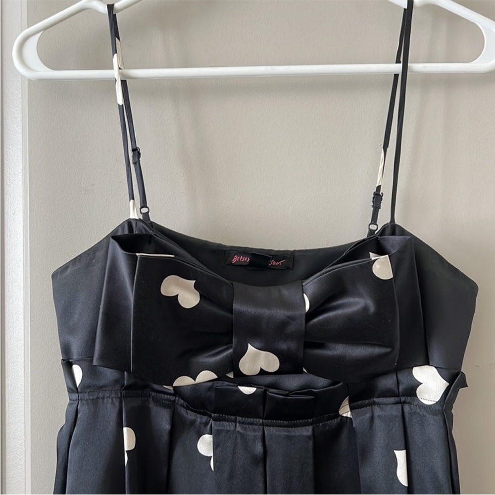 Betsey Johnson 90s Y2k Silk Black White Heart Bow Dress Size 12 RARE - Picture 3 of 5